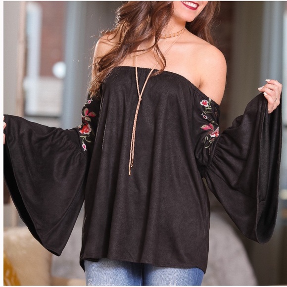 Faux Suede Embroidered Off Shoulder Tunic - Picture 4 of 8